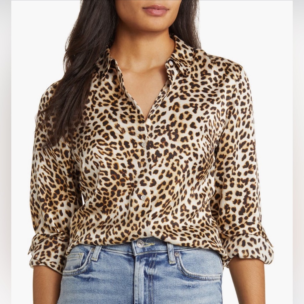 New 100% Silk leopard print button down blouse size medium